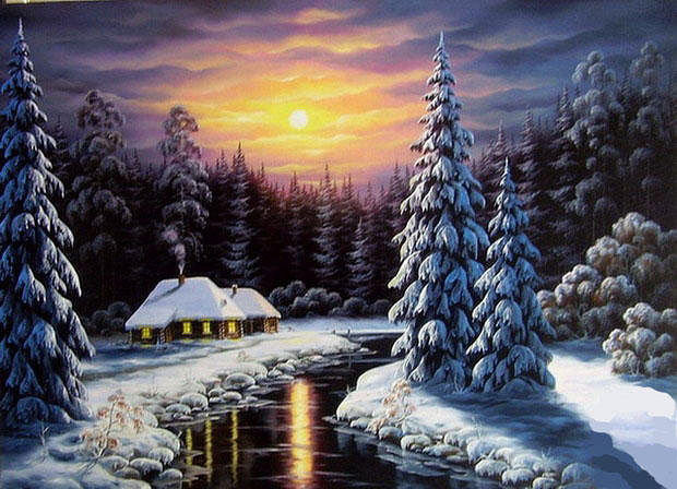 зимняя ночь - лес, ели, природа, пейзаж, домик, зима - оригинал