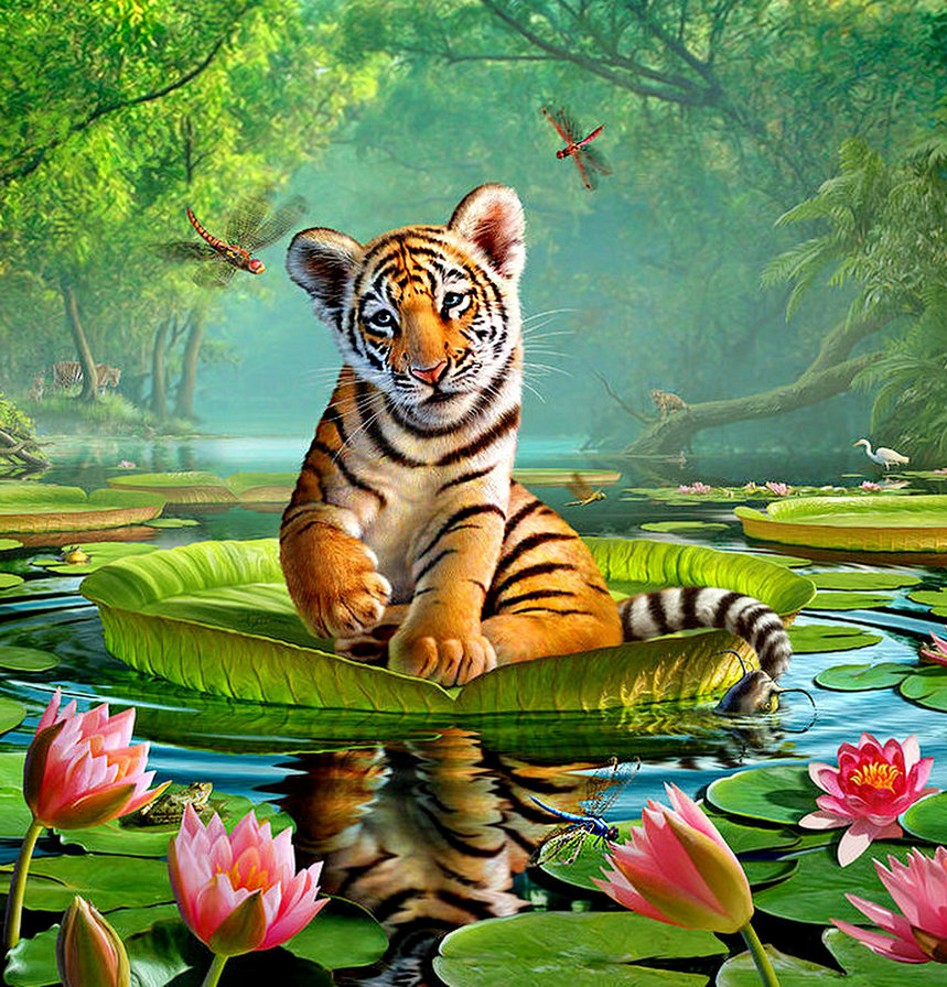 тигренок на лотосе - вода, живопись, пруд, хищник, стрекоза, джунгли, тигр, цветы - оригинал