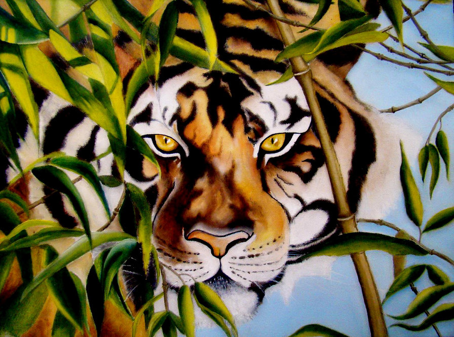 взгляд хищника - живопись, природа, тигр, взгляд, листья, хищник - оригинал