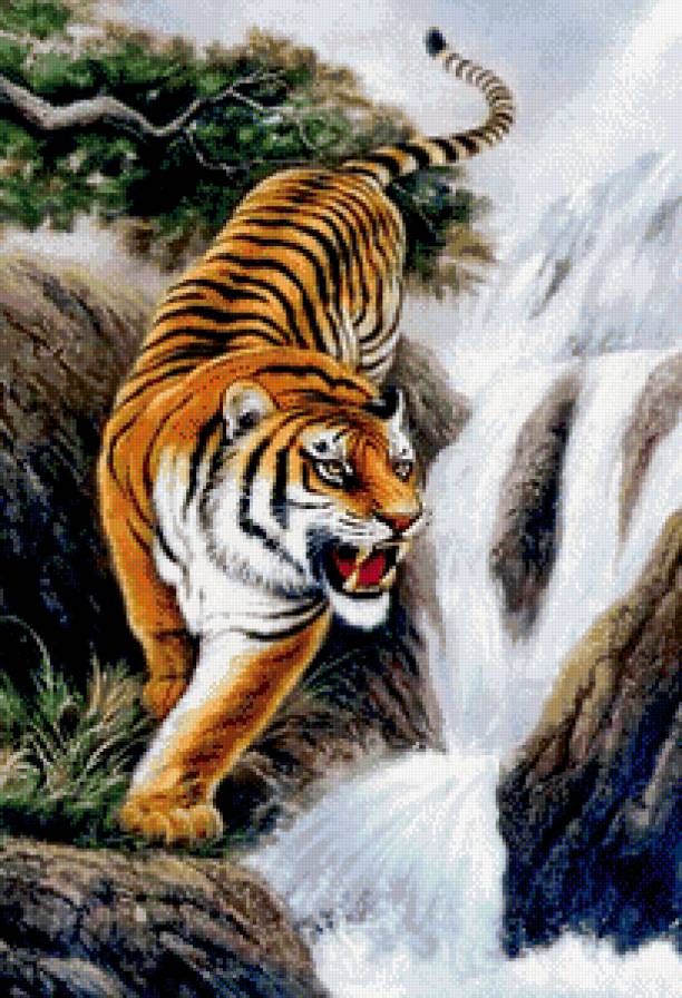у водопада - вода, скала, природа, дерево, тигр, хищник, живопись - предпросмотр