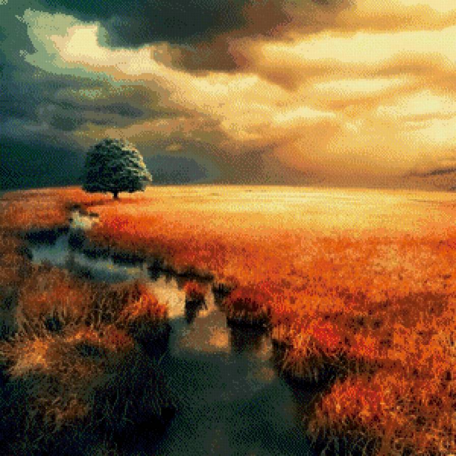 Вечер - осень, река, одинокое дерево, поле, тучи, закат - предпросмотр