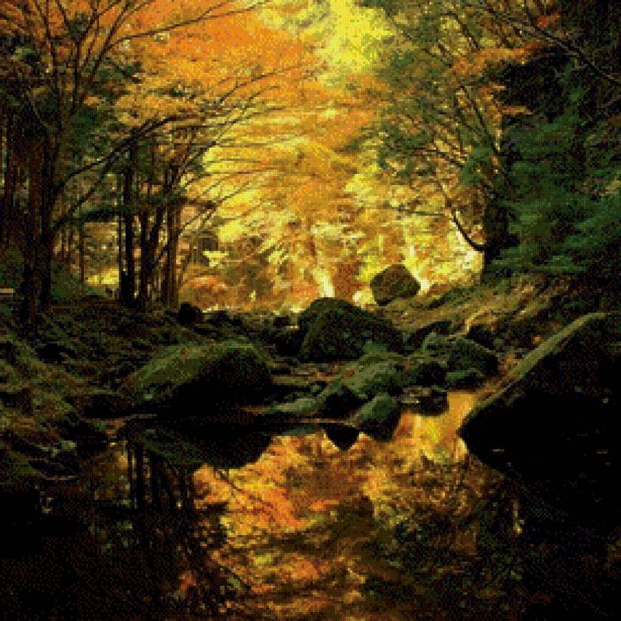 В лесу - лес, озеро, камни, солнечные лучи - предпросмотр