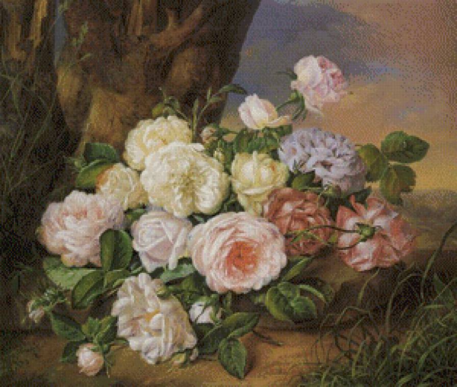 старинная картина - букет, цветы, природа, живопись, розы, дерево, роза - предпросмотр
