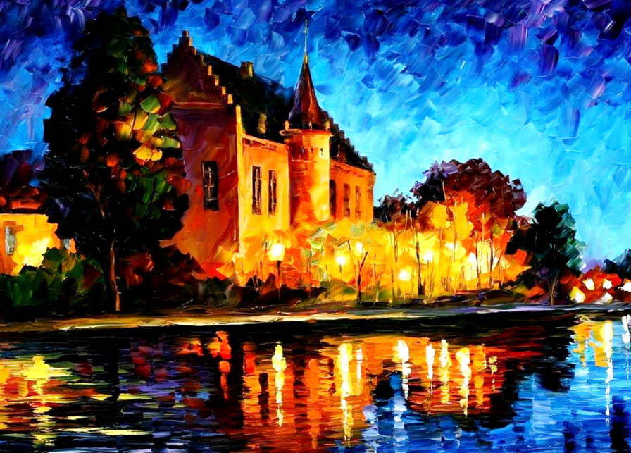радужная живопись - картина, фонарь, отражение, деревья, озеро, вода, замок, ночь, природа - оригинал
