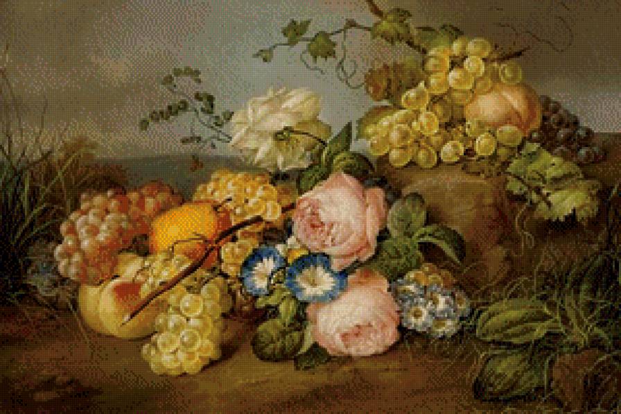 старинная картина - природа, цветы, вьюнок, примула, розы, букет, живопись, роза, виноград - предпросмотр