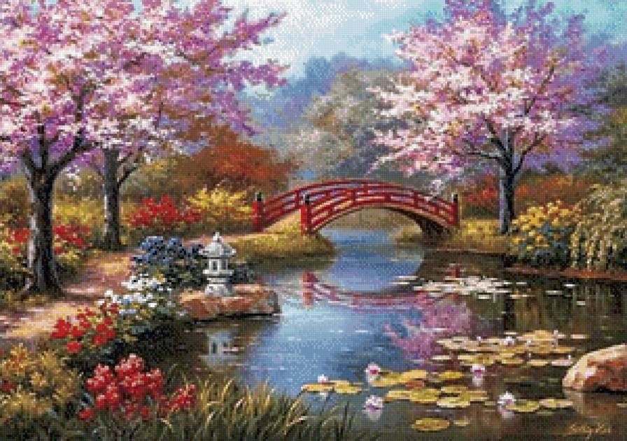 Японский сад - река, цветы, сад, мост, весна - предпросмотр
