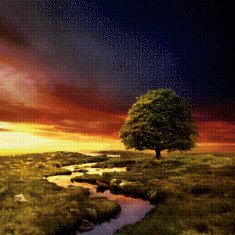Одинокое дерево - река, поле, лето, закат, одинокое дерево - предпросмотр