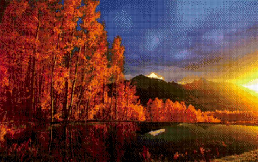 Закат - лес, осень, закат, горы, озеро - предпросмотр