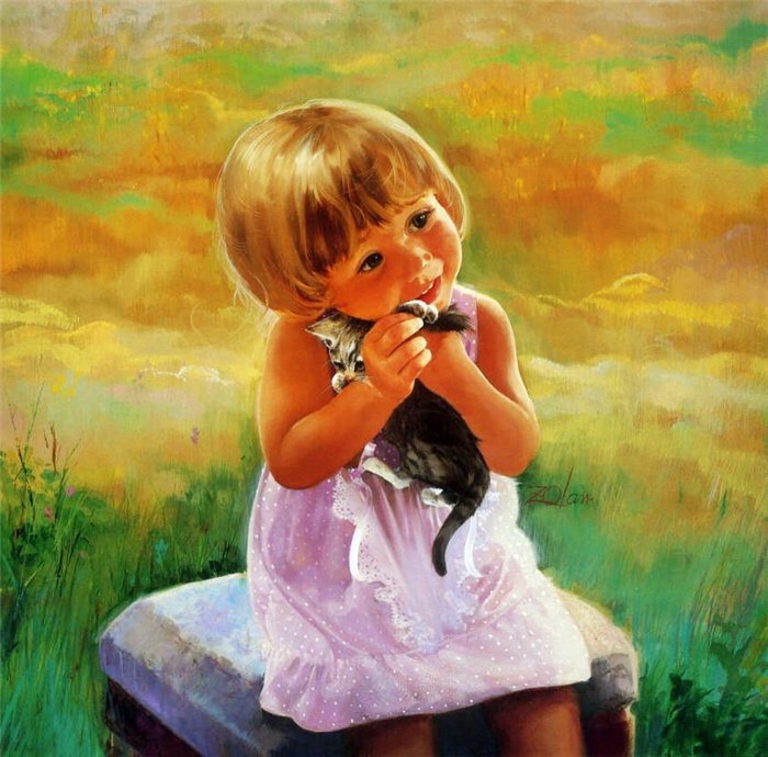 Девочка с котенком,живопись,дети - оригинал