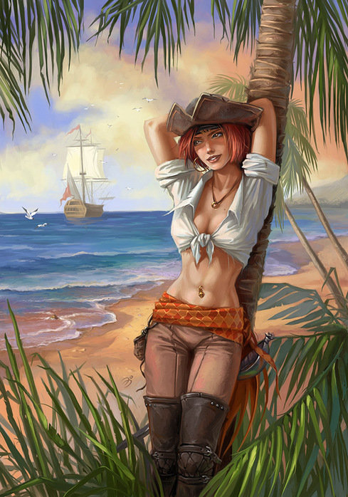 Пиратка а берегу - девушка, море, берег, пираты - оригинал