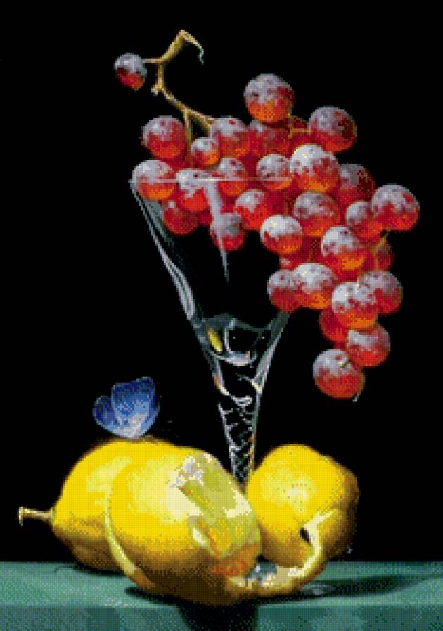 натюрморт - лимон, живопись, виноград, картина, бокал, бабочка - предпросмотр