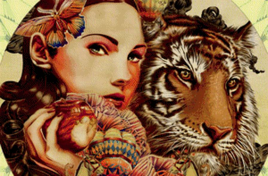 девушка и тигр - бабочка, живопись, яблоко, пара - предпросмотр