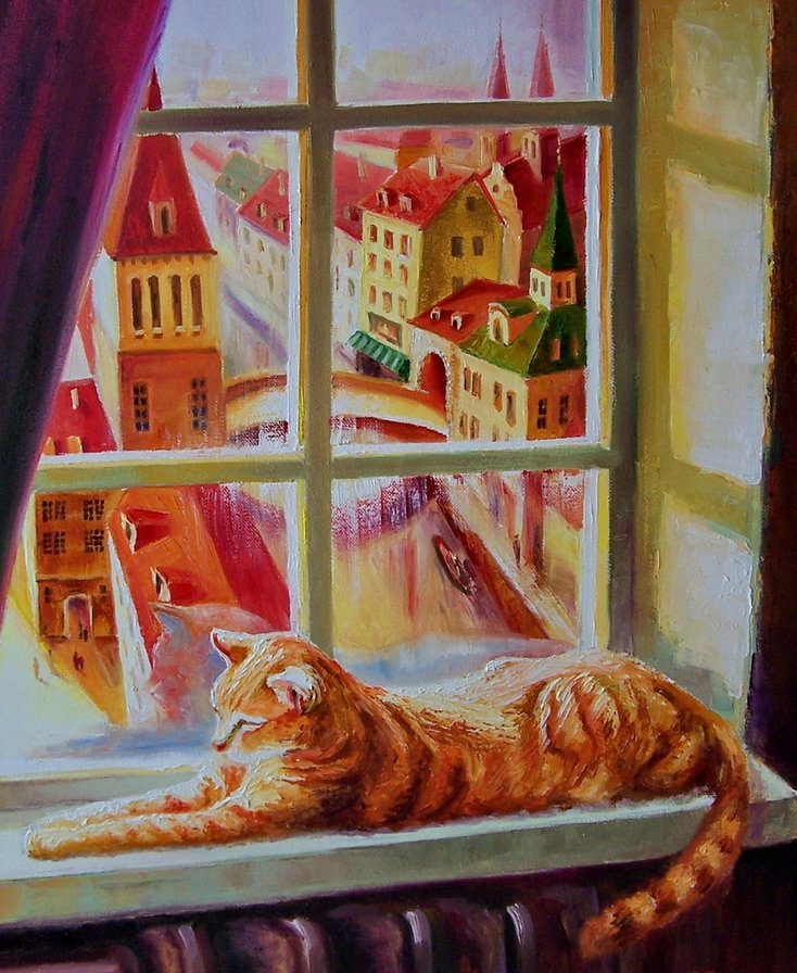 кот на окошке - окно, город, живопись, дом, кошка - оригинал