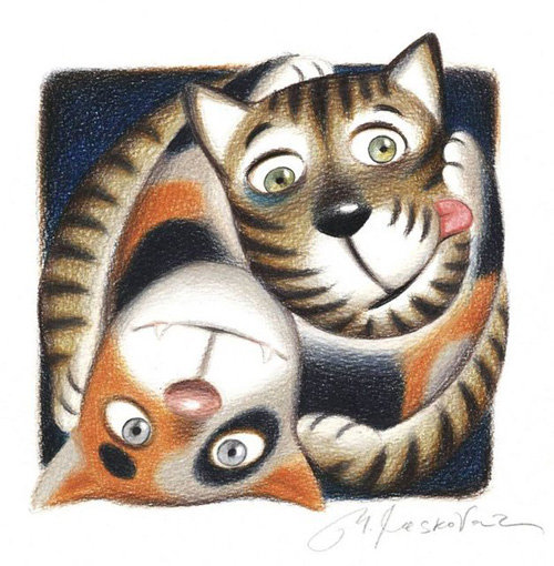 кошачий дуэт - смешные картинки, кошки, коты, рисунки - оригинал