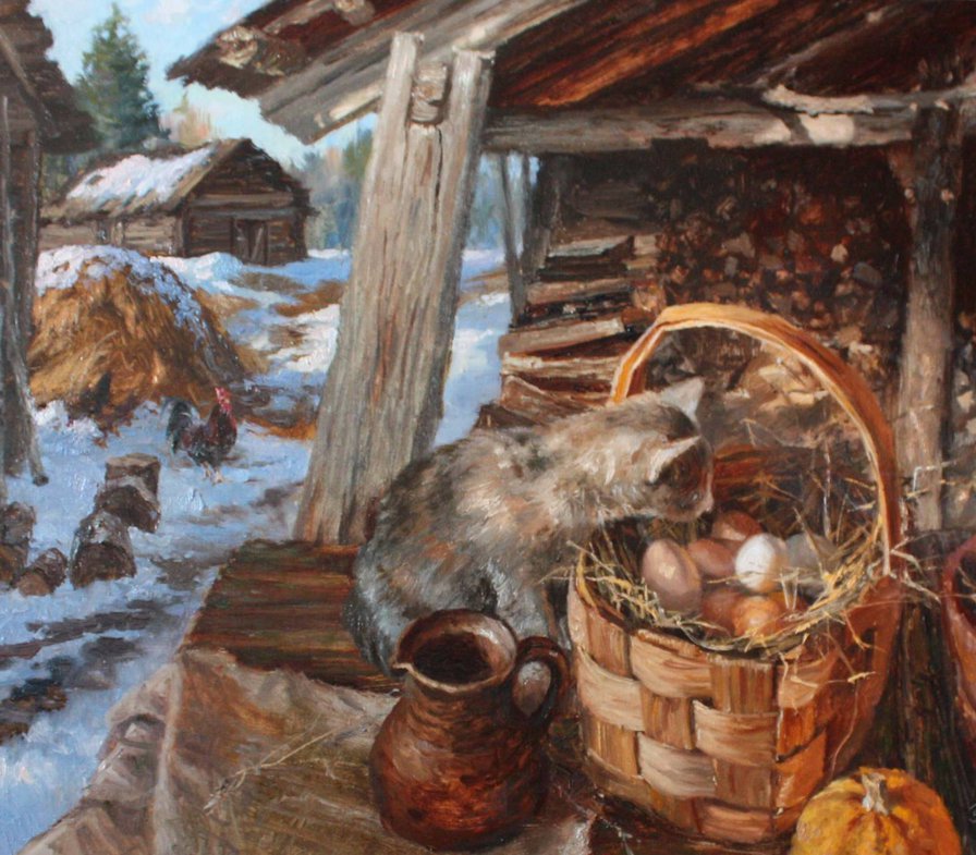 деревенька - зима, картина, деревня, живопись, котенок - оригинал