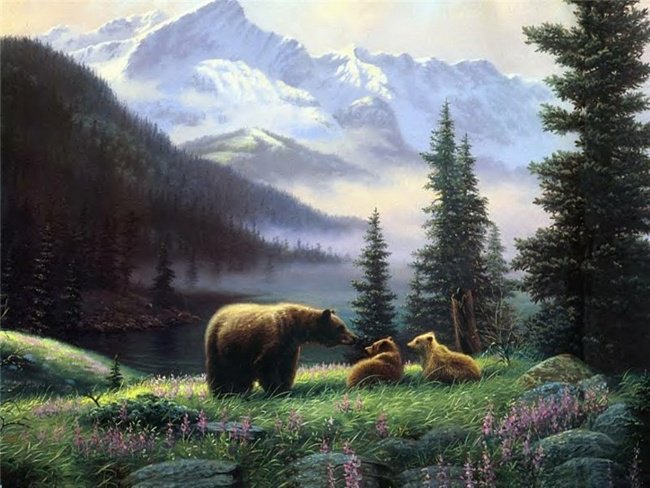 Мама и детки - природа, дикие животные, медведи, горы, животные - оригинал
