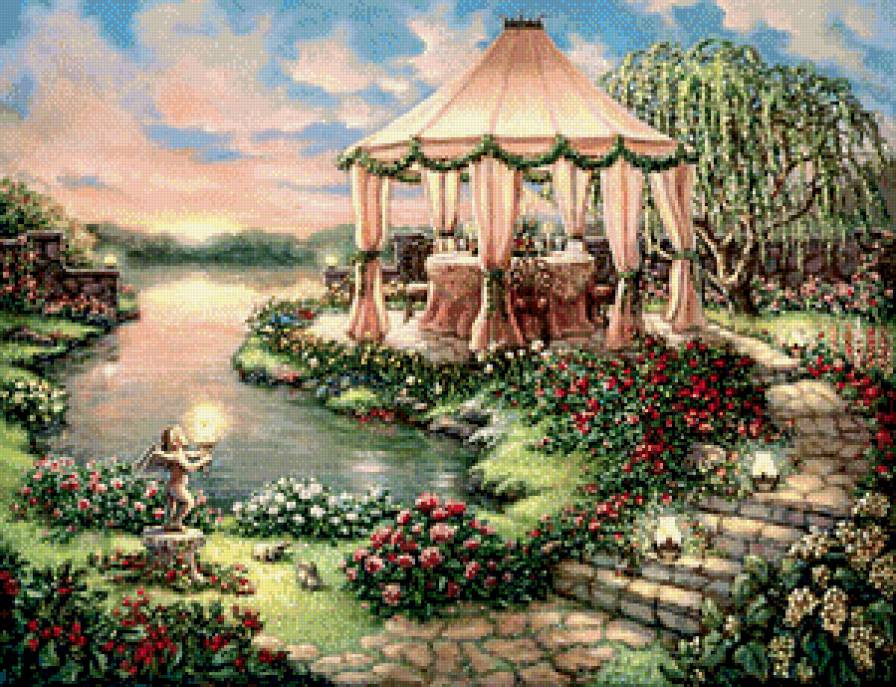 беседка у пруда - картина, огонь, дорога, цветы, статуя, ива, природа, живопись, дерево - предпросмотр