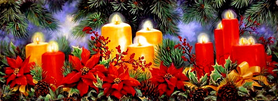 новогоднее панно - бант, елка, пуанссетия, рождественская звезда, цветы, свеча - оригинал