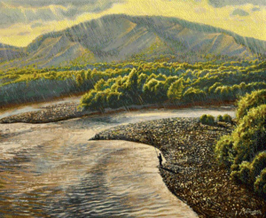 Серия "Пейзажи" - пейзаж, река, люди, горы, дождь - предпросмотр