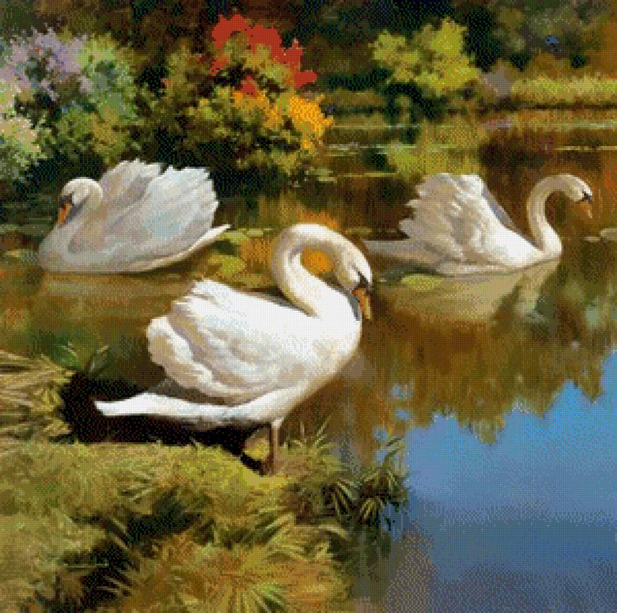 Серия "Птицы" - пейзаж, река, птицы, лебеди - предпросмотр