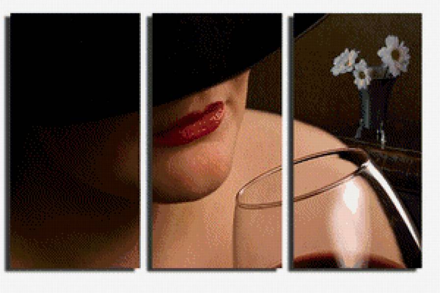 триптих женщина - женщин, губы, бокал - предпросмотр