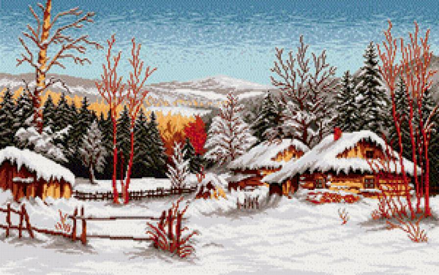 Зимний пейзаж - домики, пейзаж, село, снег, зима - предпросмотр