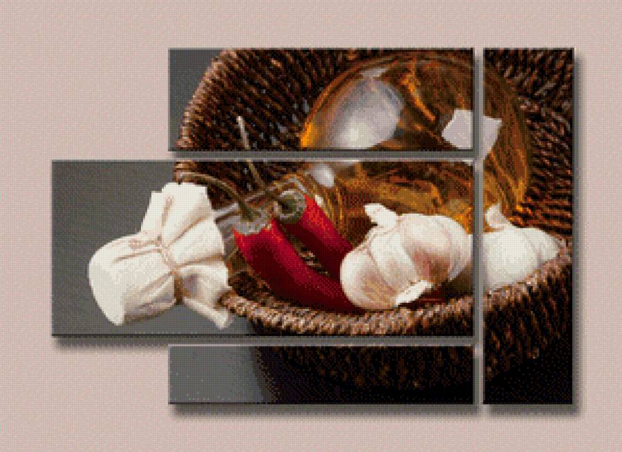 триптих натюрморт - чеснок, на кухню, триптих, бутылка, перчик - предпросмотр