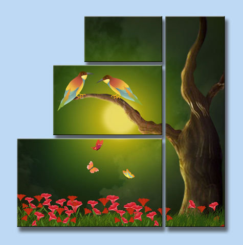 триптих райские птички - птицы, природа, дерево, бабочки, цветы - оригинал