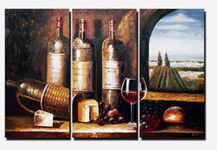триптих натюрморт - бутылки, виноград, вино - предпросмотр