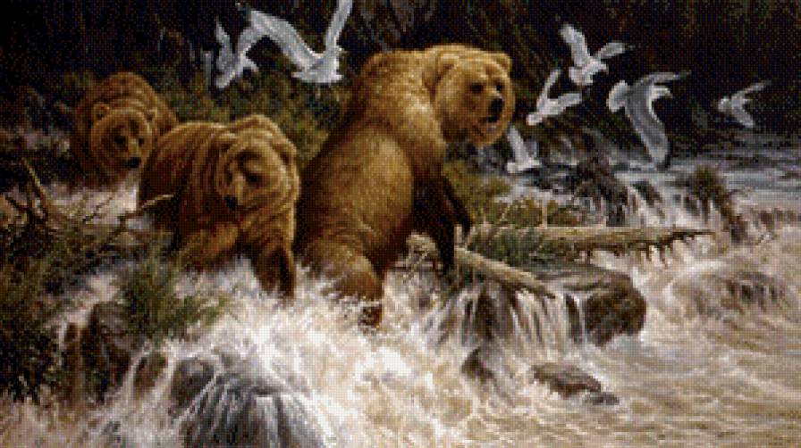 Рыбалка - река, медведи, птицы, животные, чайки - предпросмотр