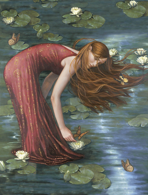 Нежность - цветы, бабочки, вода, девушка - оригинал