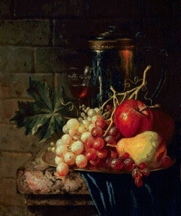 натюрморт - виноград, вино, бокал, фрукты - предпросмотр