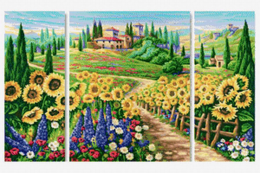 триптих поляна - пейзаж, цветы, подсолнухи, дом, природа, пчела - предпросмотр