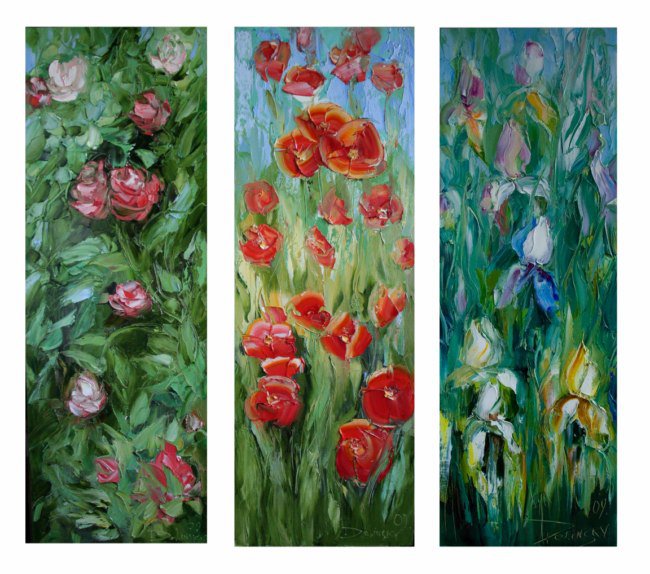 триптих картина маслом - розы, цветы, маки, ирисы - оригинал