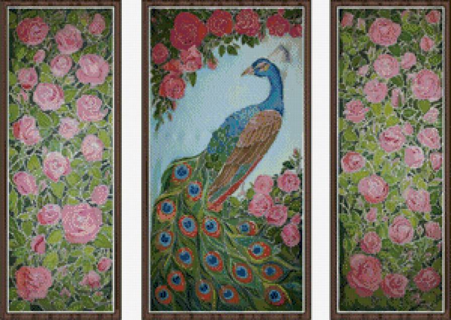 триптих павлин и розы - природа, птицы, цветы - предпросмотр