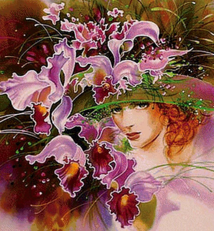 Прекрасная незнакомка - шляпка, орхидеи, цветы, дама, незнакомка, девушка - предпросмотр