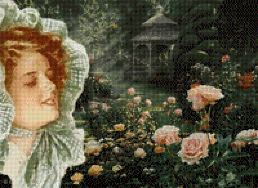 Сюзанна - розы, девушка, парк, беседка, 19 век - предпросмотр