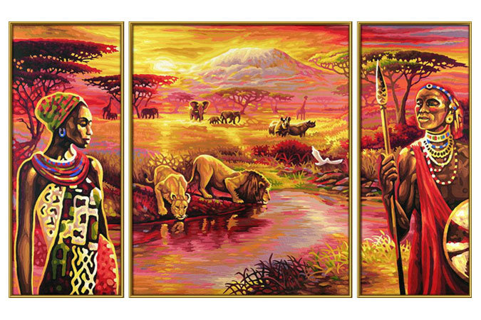триптих африка - племя, закат, африка, звери - оригинал