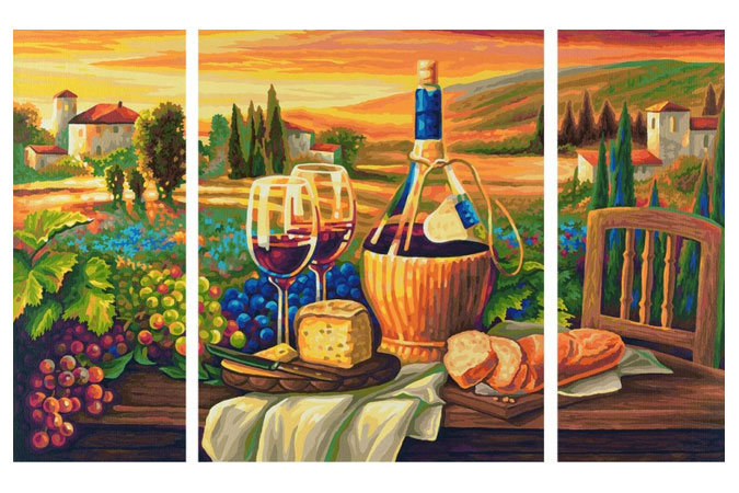 триптих натюрморт - бокалы, вино, еда, бутылки, виноград - оригинал