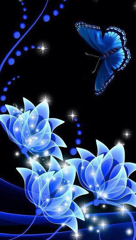 на черном - цветы, бабочка, на черном - оригинал