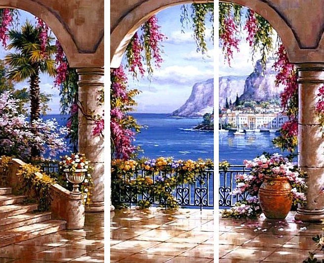 триптих арка - замок, цветы, дворец, колонны, море - оригинал