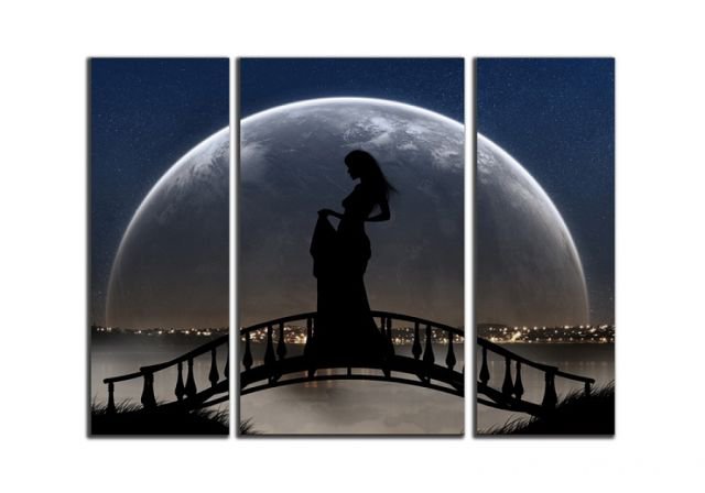 триптих луна - ночь, мост, река, девушка - оригинал