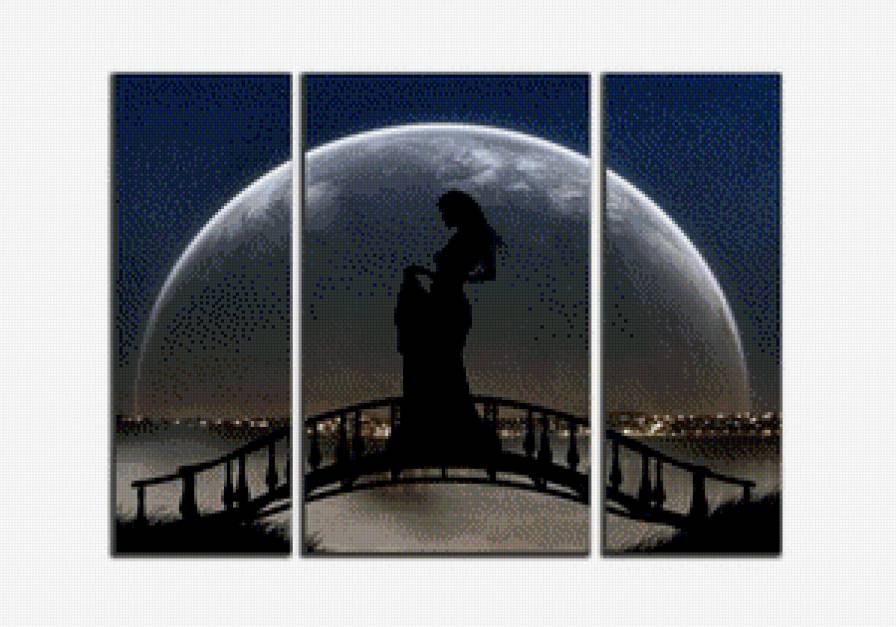 триптих луна - девушка, ночь, мост, река - предпросмотр