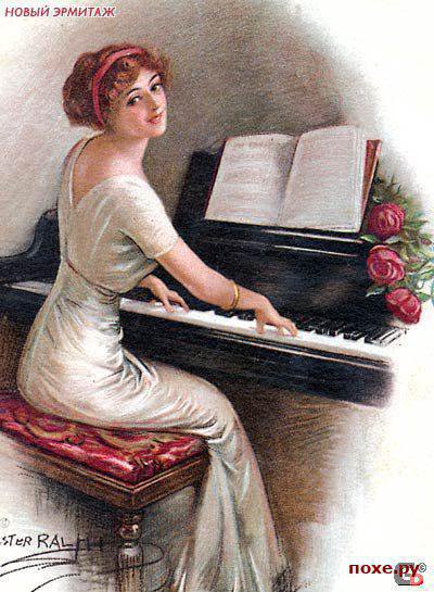 пианистка - ретро, рояль, пианистка, цветы, девушка - оригинал