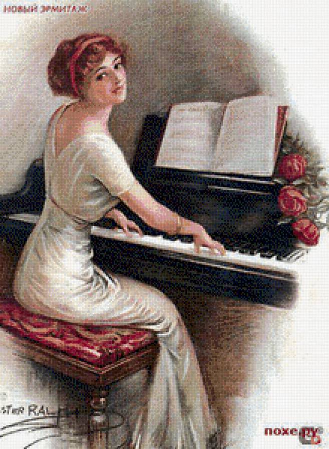 пианистка - девушка, пианистка, цветы, рояль, ретро - предпросмотр