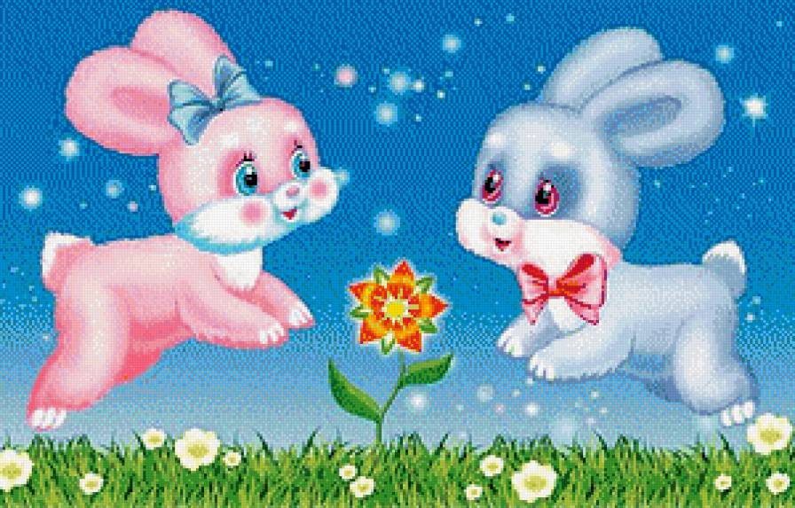 Влюбленные зайчата - зайчики, животные, цветочки, влюбленные - предпросмотр