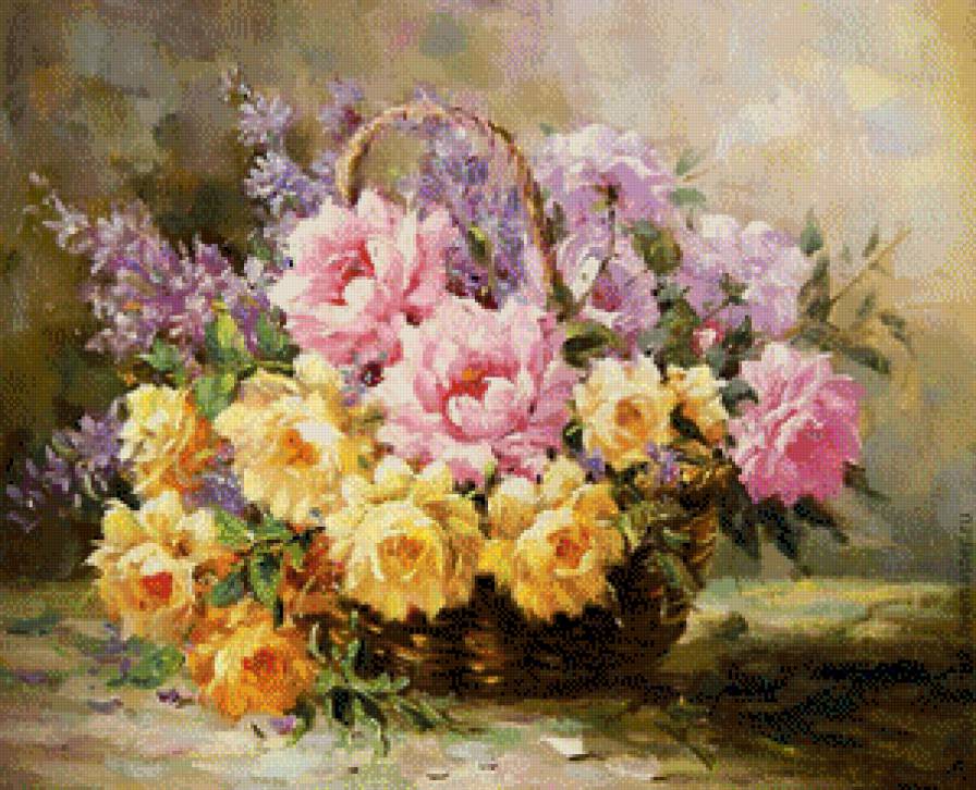 Корзина с цветами - натюрморт, цветы, корзины - предпросмотр