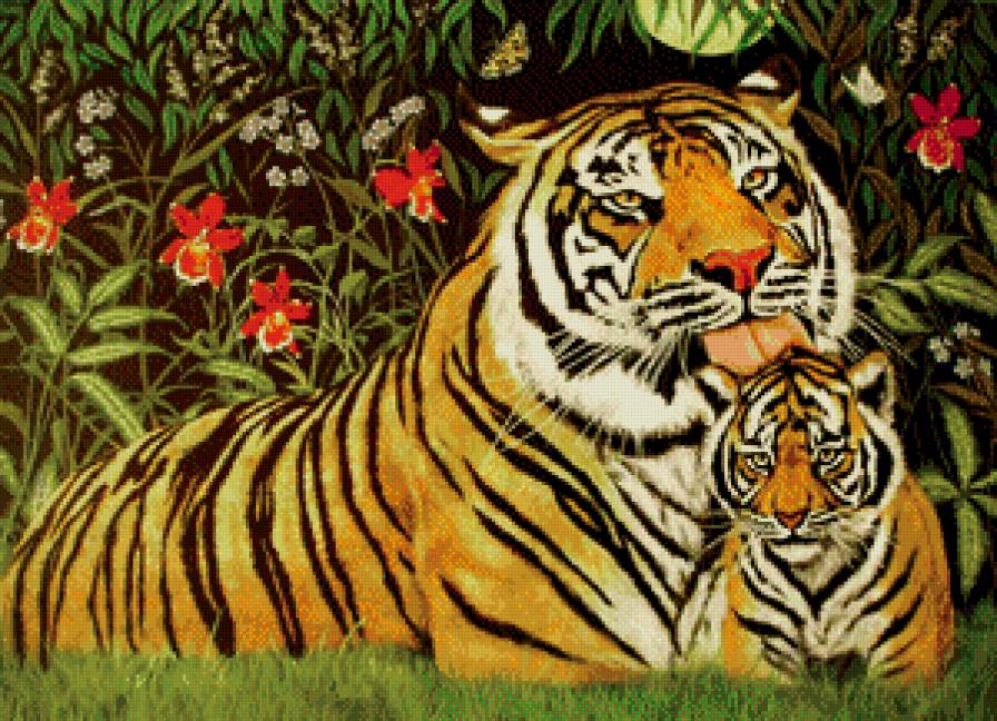 мамина ласка - цветы, тигр, котенок, природа, луна, хищник, семья, живопись, тигренок - предпросмотр