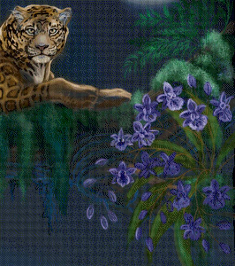 в джунглях часть 2 - бабочка, хищник, орхидея, леопард, природа, цветы, луна, живопись - предпросмотр