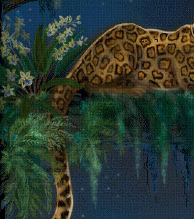 в джунглях часть 1 - цветы, хищник, луна, бабочка, живопись, леопард, природа, орхидея - предпросмотр